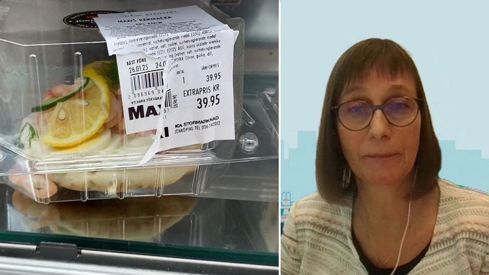 Delad bild: till vänster en förpackning med en grillad kyckling och citronskivor i en kylhylla med en prislapp på 39,95 kronor; till höger en person med axellångt mörkt hår synlig från axlarna och uppåt.