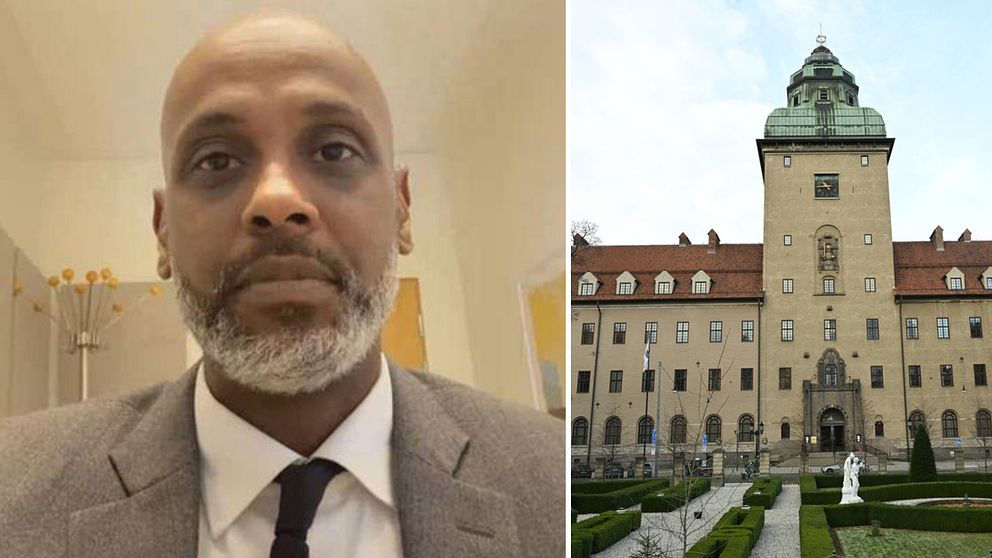 Tvådelad bild. Vänster: person med grå kavaj. Höger: symbolisk byggnad, Stockholms stadshus.