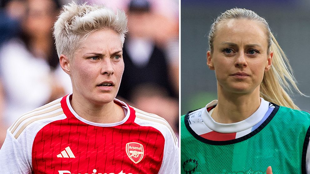 Delad bild. Till vänster: fotbollsspelare i Arsenals matchtröja. Till höger: spelare i grön väst.