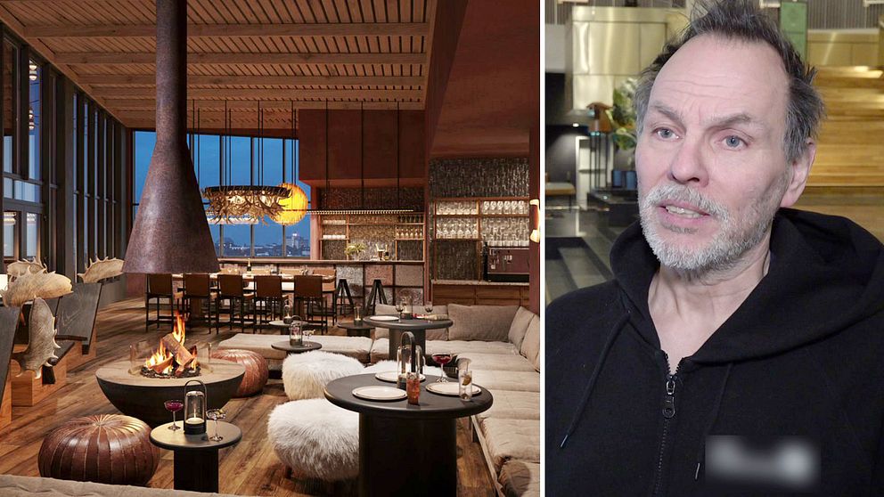 Delad bild: Till vänster visas en stilfull och mysig inredning av en restaurang med modern öppen spis, bekväma sittplatser och mjuka belysningselement. Till höger ett  porträtt av en person i en urban inomhusmiljö.