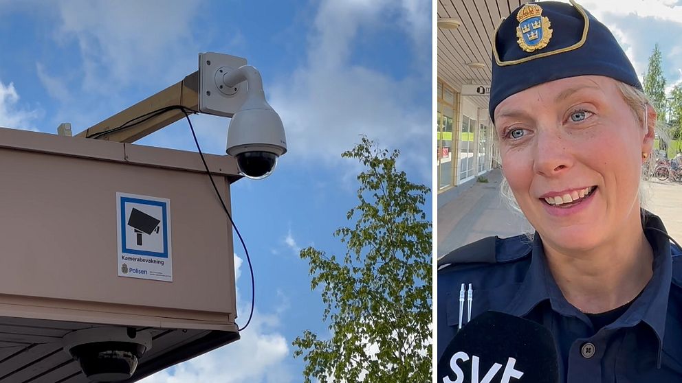 Tillfällig övervakningskamera i Lycksele och gruppchef Louise Karlsson från Polisen i Södra Lappland