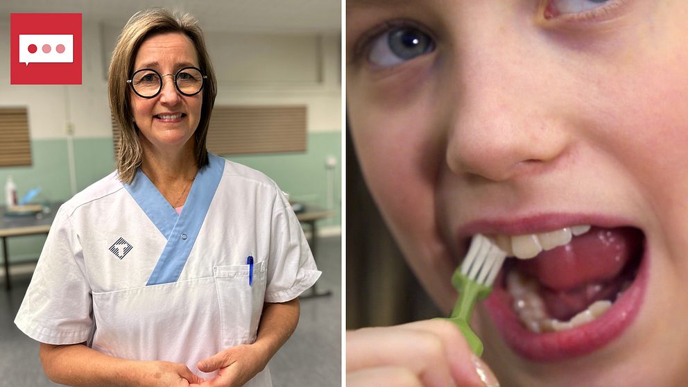 Tandhygienist och flicka som borstar tänderna