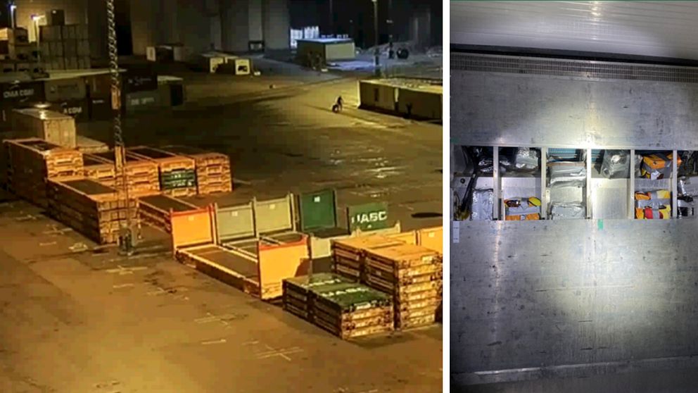 Bilder från när när tullen spanade på de misstänkta. Kokain hade gömts i ett fack i en kylcontainer. I klippet berättar åklagaren om vilken roll den hamnanställde misstänks ha haft i smugglingen.