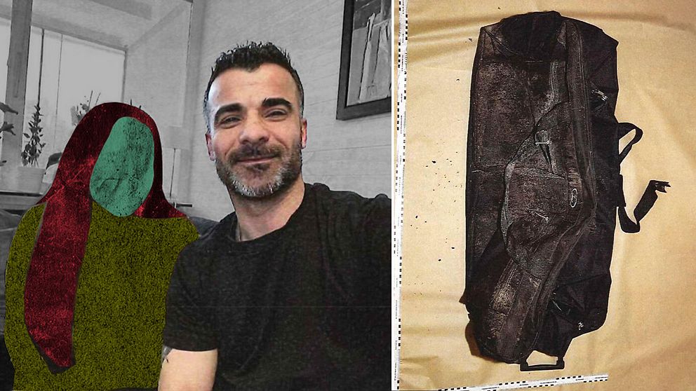 Bildens vänstra sektion visar den mördade Ako tillsammans med en stiliserad illustration av kvinnan som misstänks för dådet. Bildens högra sektion är en bild av den väska vari kroppen hittades.