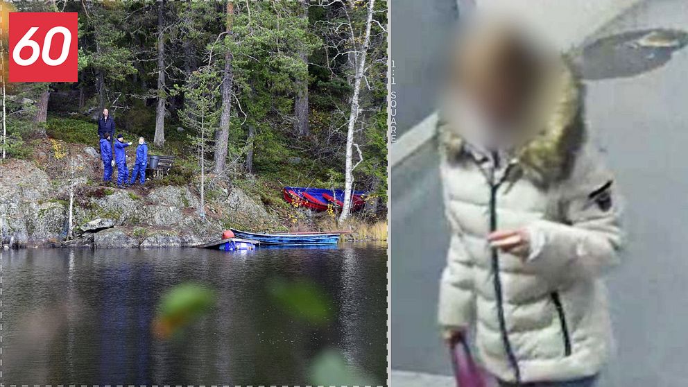 Polisens tekniker på en klippa ovanför vattnet i området där Liselotte hittades död. Till höger i bild en maskad övervakningsbild på Liselotte innan försvinnandet.