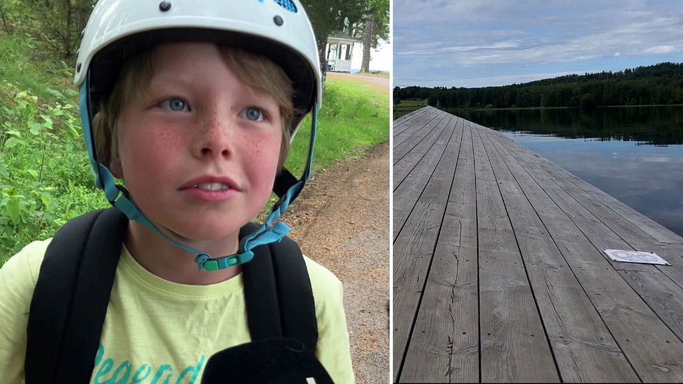 En sned brygga. I bakgrunden en sjö och skog. Och en bild på en badbesökare.