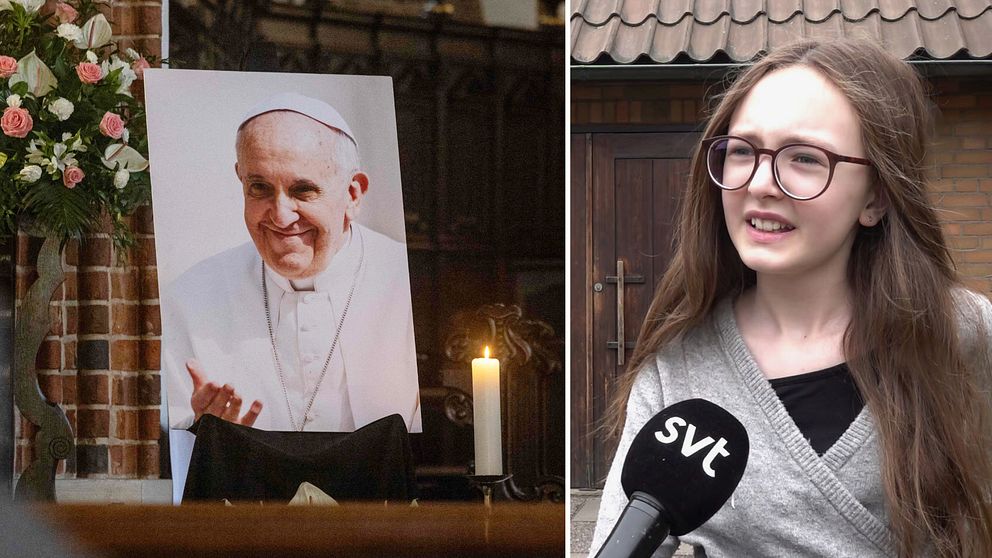 Tvådelad bild. Till vänster: Kyrklig miljö med påvebild och ljus. Till höger: SVT-mikrofon.
