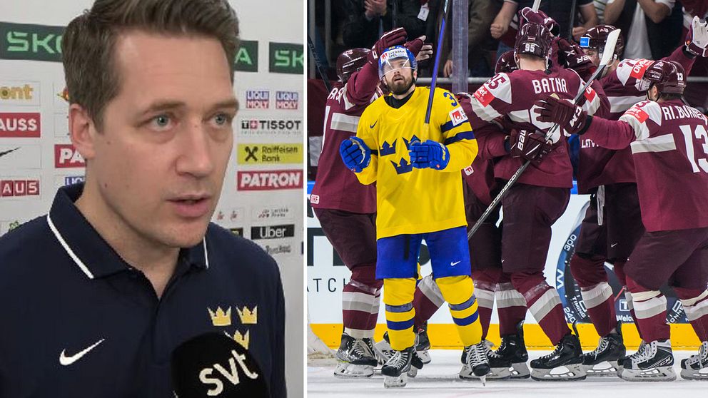 Sam Hallam vid SVT:s intervjumikrofon. Tre Kronor som deppar efter att Lettland avgjort VM-kvartsfinalen i fjol.