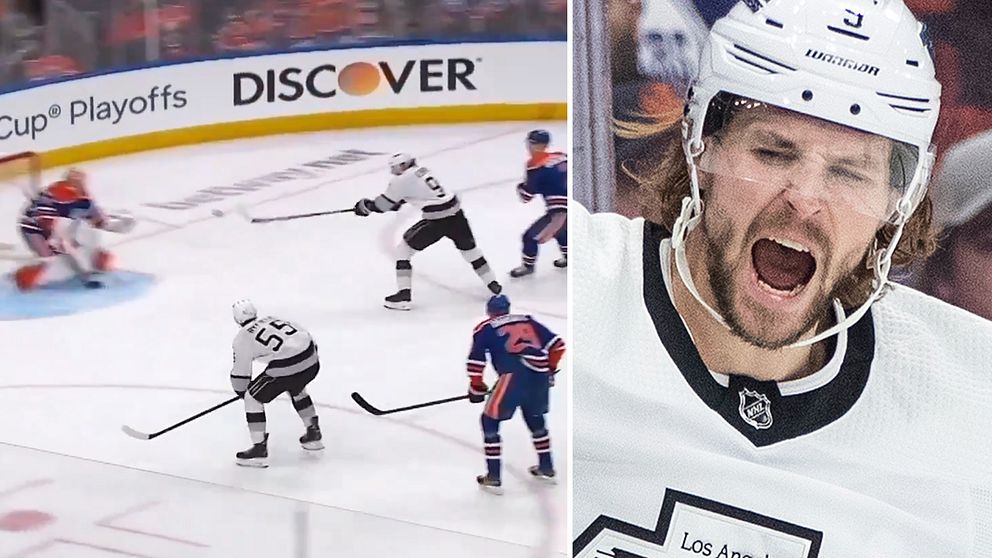 Los Angeles Kings-spelaren Adrian Kempe gör mål på volley