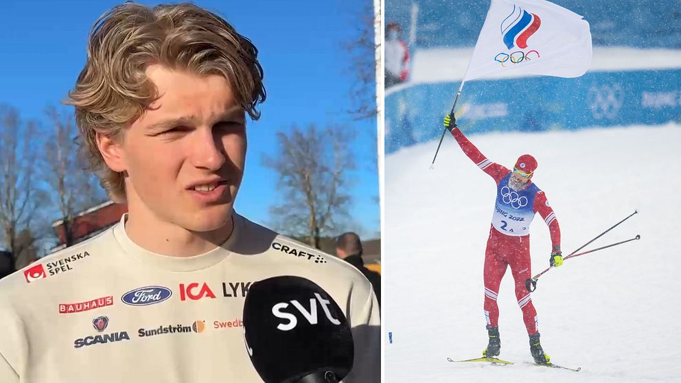 Tvådelad bild. Vänster: intervju med SVT-mikrofon. Höger: skidåkare med flagga i målområdet.
