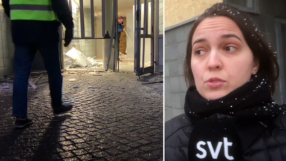 Personer jobbar med att städa och sopa vid en port i ett flerfamiljshus i Västra Frölunda i Göteborg där två explosioner inträffat