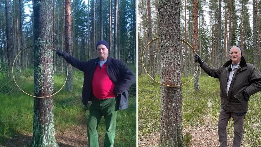 Två delade bilder av en man klädd i olika outfits, stödjande sig mot ett träd i skogen. Båda bilderna visar en röd markering runt trädet. Den första mannen är klädd i grön byxa och röd tröja, medan den andra mannen har en mörkare jacka och byxa. Skogslandskapet är liknande i båda bilderna.