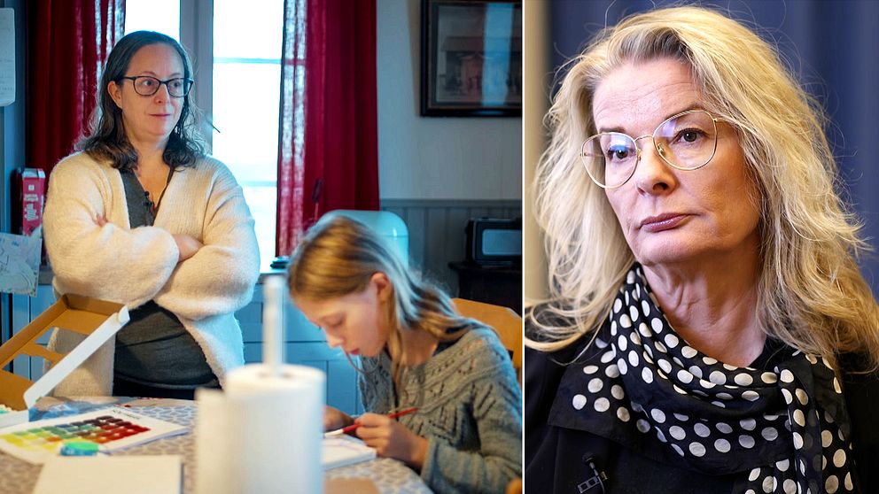 Bild uppdelad i två sektioner. På vänster sida syns en person stående med armarna i kors bredvid ett barn som skriver vid ett bord i ett hemtrevligt rum. På höger sida visas en person med långt blont hår iförd en prickig scarf framför en blå bakgrund.