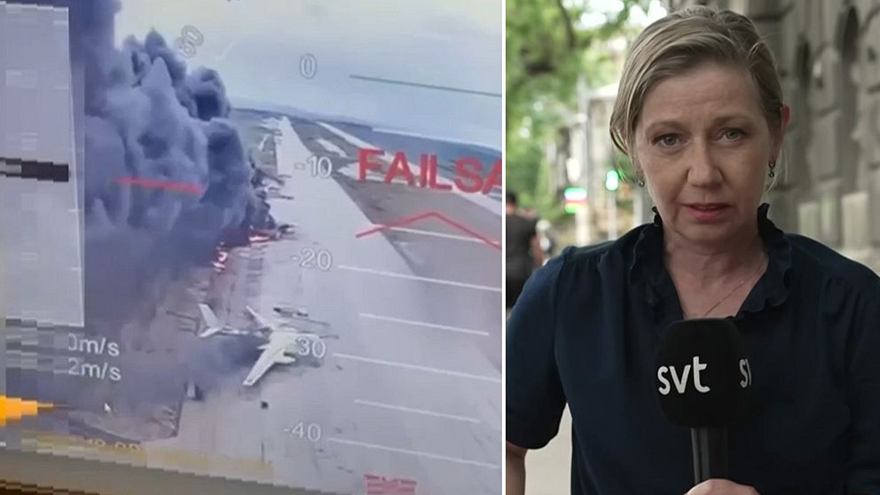 Flygplansolycka med rökutveckling på landningsbana och reporter med SVT-mikrofon.