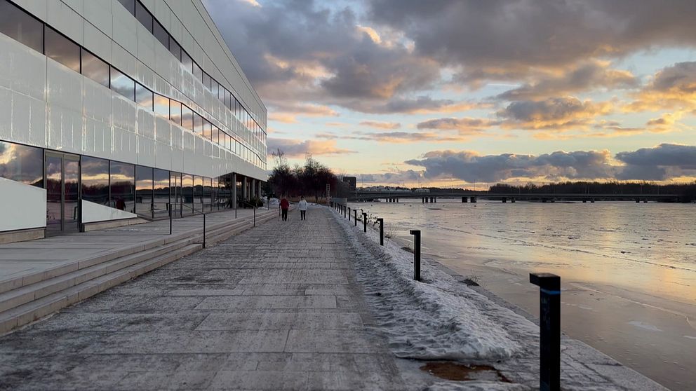 Umeå stadsbibliotek och kulturhuset Väven, modern vit byggnad med personer som går förbi.