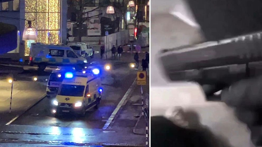 En delad bild som visar två scener relaterade till en nödsituation. Den vänstra sektionen visar en gata belyst av blåljus från en ambulans och en polisbil med människor som rör sig i bakgrunden. Den högra sektionen visar en hand som håller i en pistol i svartvitt, vilket skapar en dramatisk kontrast till scenen till vänster.