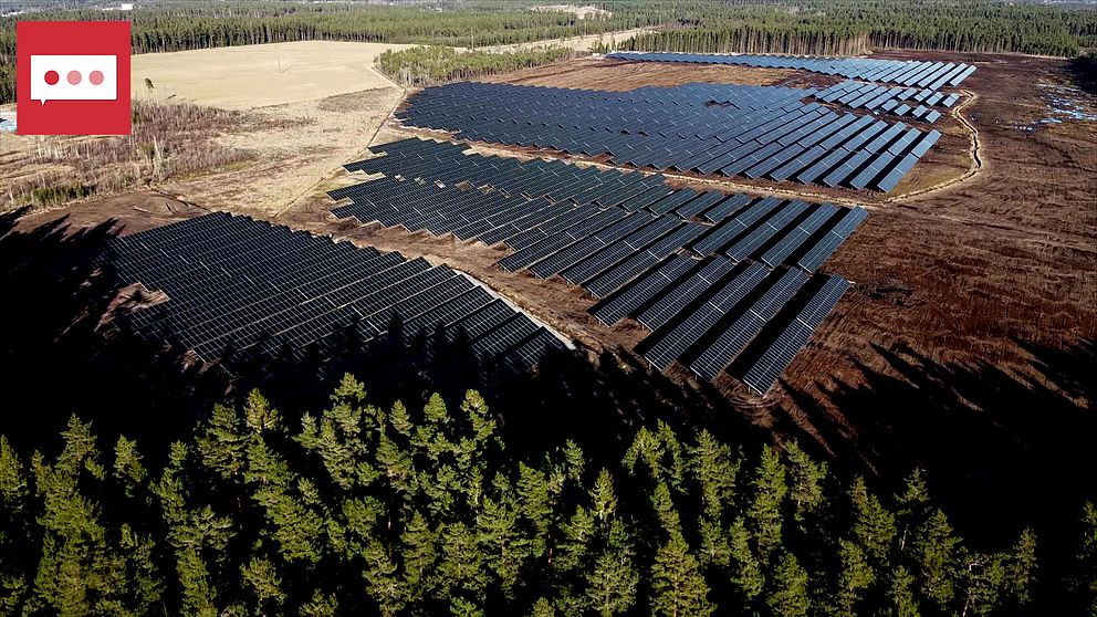 Storskalig solcellspark i en avlägsen skogsområde, med rader av solpaneler som sträcker sig över marken. I bakgrunden syns en skog och öppna fält, vilket framhäver den naturliga miljön runt anläggningen.