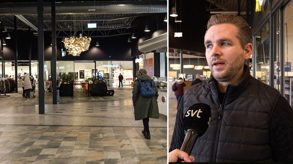 En tvådelad bild, till vänster ett köpcentrum till höger Claes Sjöholm, centrumchef på shoppingcentret i Charlottenberg.