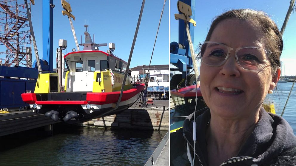 Till vänster ser vi den nya båten sjösättas på Öckerö. Till höger SVT:s reporter Helena Josefsson.