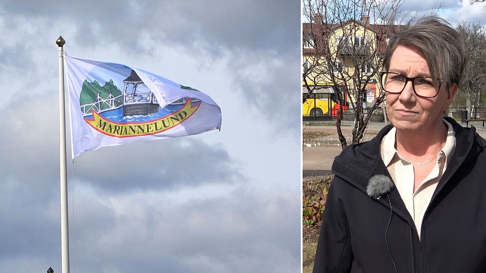 Tvådelad bild. Vänster: Vingåkers kommuns flagga. Höger: Person i utemiljö med mikrofon.