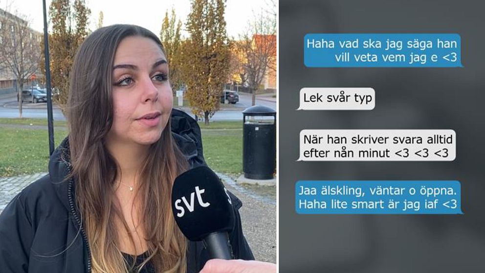 Sofia Skau, kurator och föreläsare, står utomhus och intervjuas, medan en meddelandekonversation syns i den högra sidan av bilden.