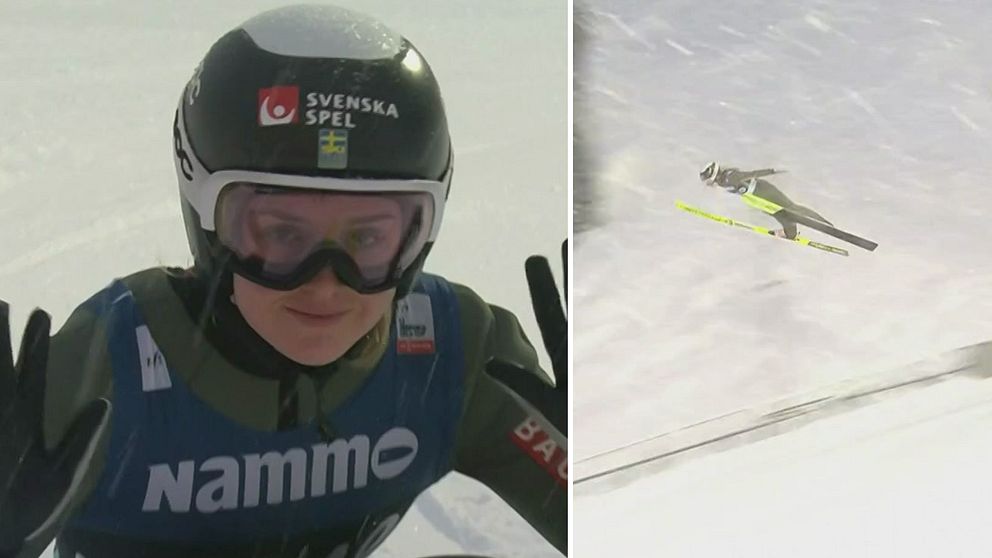 En delad bild som visar två scener från en skidhoppsåvning. Den vänstra sektionen visar en skidåkare i färdigställande position med händerna uppåt, klädd i en skidoverall med sponsorloggor. Den högra sektionen visar samma skidåkare i luften under ett skidhopp, omgiven av snöiga förhållanden.
