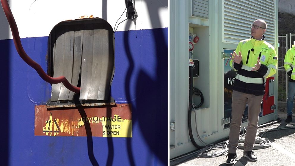 Delad bild. Vänster: laddstation på en båt. Höger: person i varselkläder bredvid laddstation.