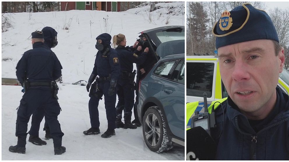 Maskerade poliser med skyddsutrusning vid en bil, polis som blir intervjuad.