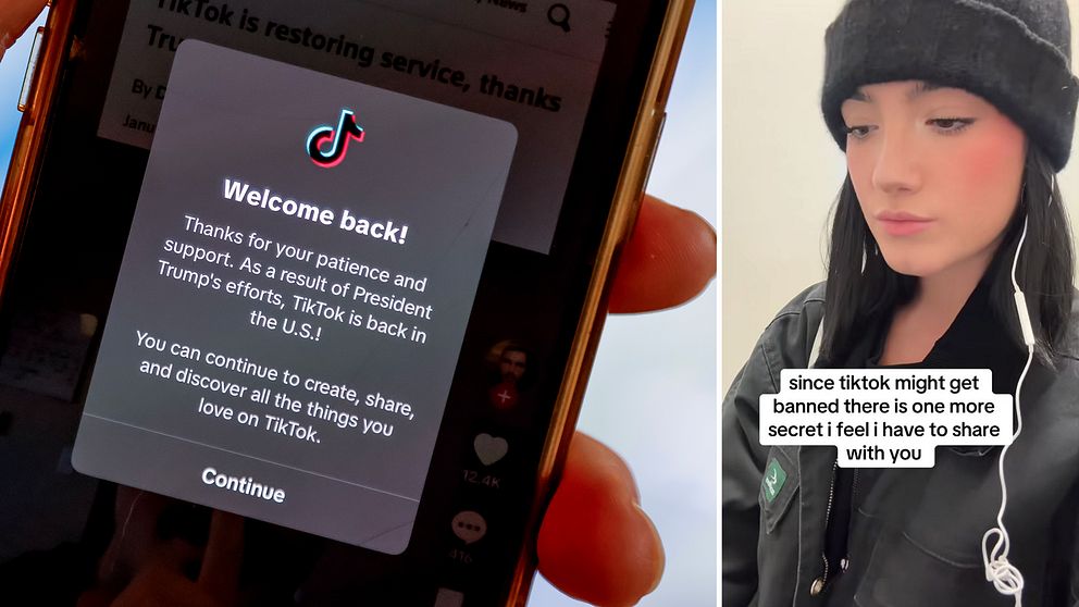 Bild som visar en mobilskärm med meddelandet ”Welcome back!” från TikTok, som informerar användaren om att tjänsten återställs i USA efter tidigare problem. Till höger finns en person i en svart jacka som ger en kommentar om TikTok och möjliga framtida utmaningar för appen.