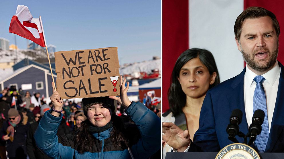 Tvådelad bild. Vänster: protestskylt ”We are not for sale”. Höger: person vid talarstol.