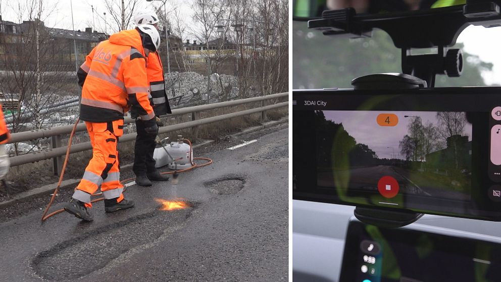 Splitbild som visar på vänstra delen ett påtthol som lagas med asfalt och på högra sidan an kamera som visar vägnätet.