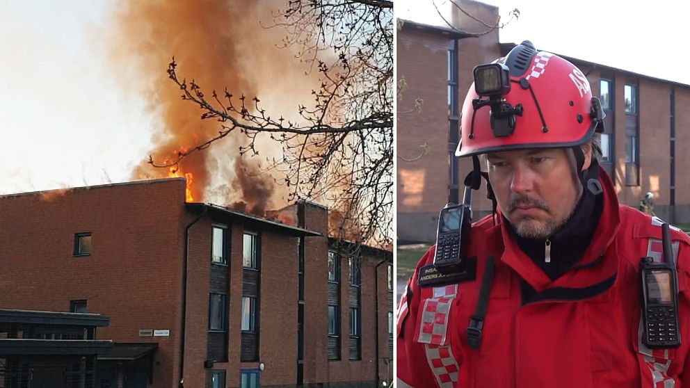 Brandman i förgrunden pratar om bygnaden som brunnit i bakgrundn