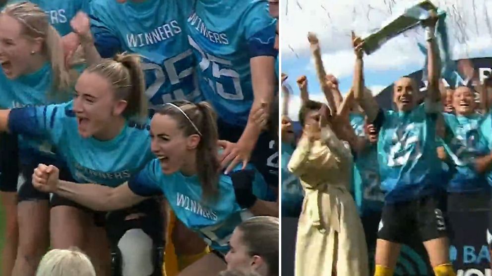 Delad bild. Till vänster: fotbollsspelare firar tillsammans. Till höger: laglyft av pokal på scen.