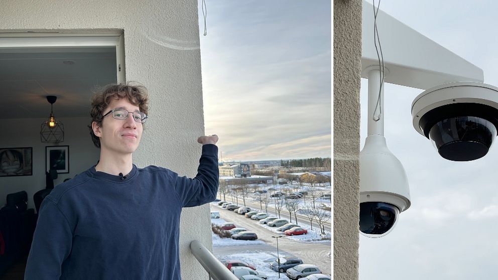 En person står på en balkong och pekar mot en panoramautsikt med snö och parkerade bilar i bakgrunden, till vänster. Till höger finns en närbild av en säkerhetskamera som är monterad på väggen, riktad mot samma utsikt.