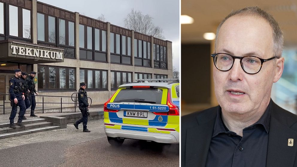 Delad bild. Vänster: Polis utanför Teknikum. Höger: En person syns, ansikte suddat.