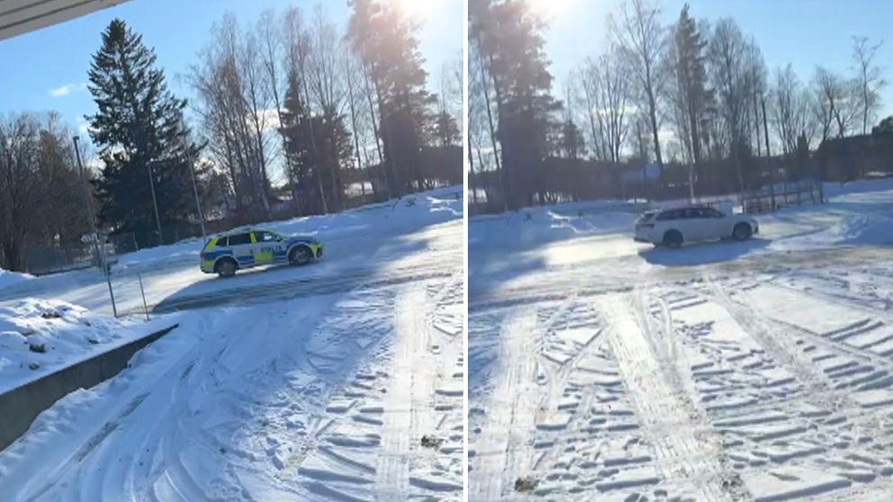 Till vänster i bild syns en polisbil och till höger i bild syns en vit Skoda.