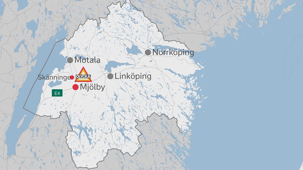 Karta över Östergötland med varningstriangel vid Mjölby, närliggande orter markerade.