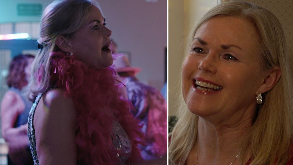 Till vänster syns en kvinna i färgglad festklädsel med en rosa fjäderboa på en fest, medan bilden till höger visar en kvinna med blont hår och en neutral bakgrund, troligtvis i ett mer avslappnat sammanhang.