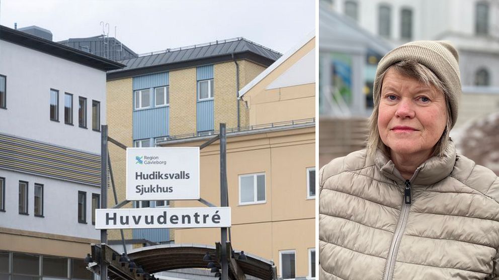 Entrén vid Hudiksvalls sjukhus. Till höger kvinna med beige jacka och mössa framför regionkontoret i Gävle.