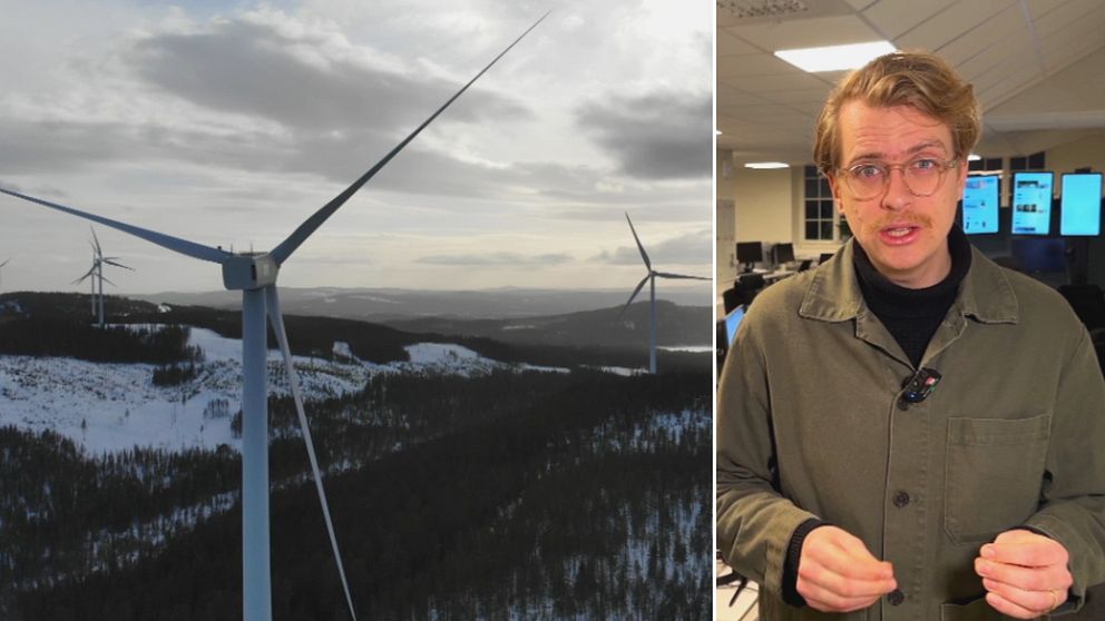 Vindkraftverk i kuperad skog på vintern, till vänster SVT:s reporter om hur elpriset påverkas av vind och temperaturer