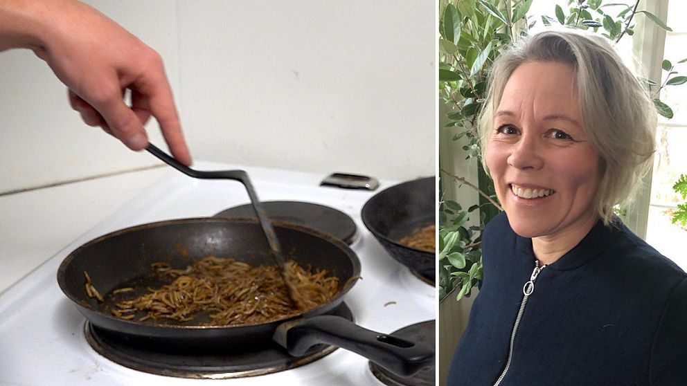 En stekpanna full med syrsor. Till höger: Åsa Berggren, professor i ekologi vid SLU, ler när hon pratar om insekter i mat.