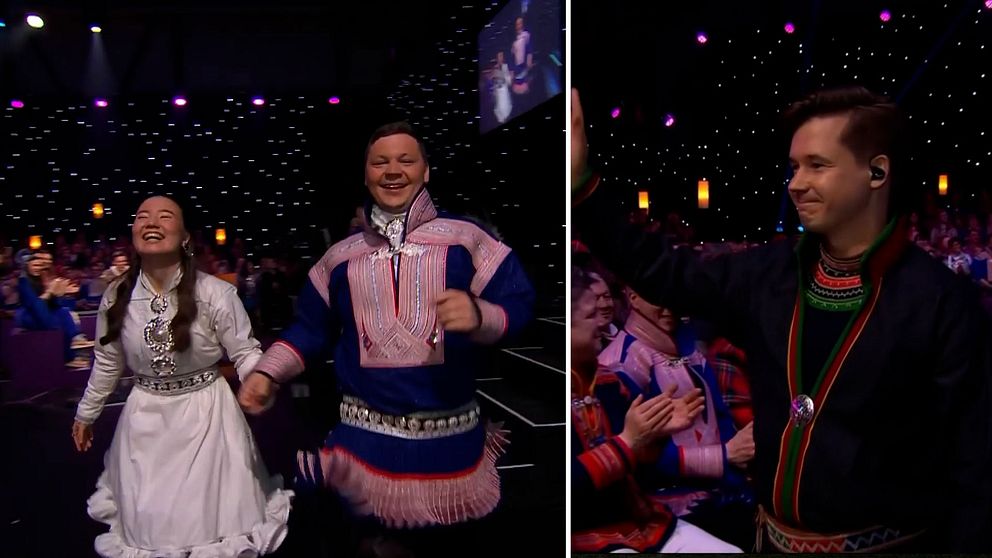 Tvådelad bild. Vänster: Samiska par dansar under ljusshow. Höger: Person i samisk klädsel vinkar.