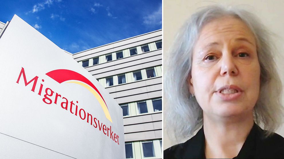 Johanna Strömberg, enhetschef på Migrationsverket, och en skylt på Migrationsverket