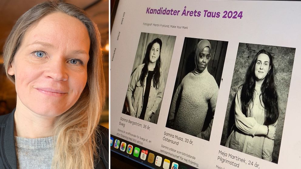 Till vänster: Grundare till priset ”Årets Taus”. Till höger: affisch med porträttbilder av kandidaterna.