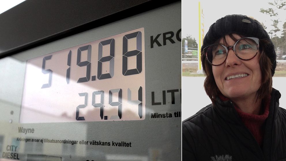 En bränslepump på en bensinmack. Till höger syns en kvinna med glasögon.