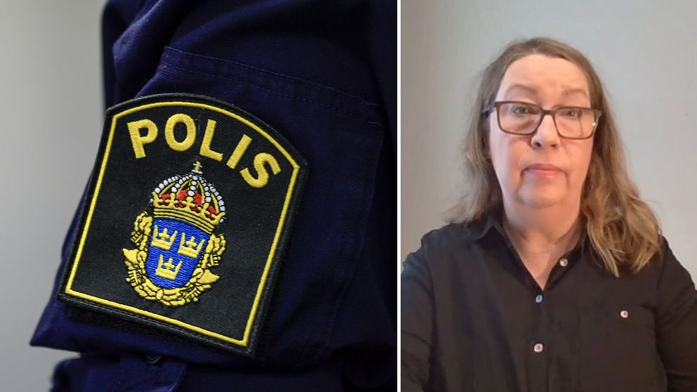 Polislogga och en kvinna som tittar in i kameran