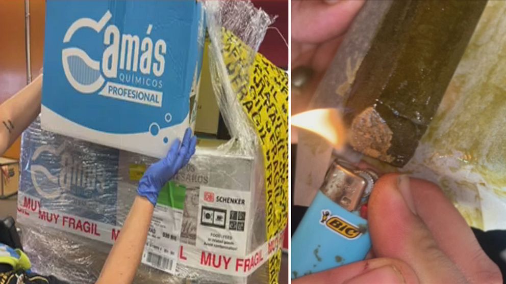 Första sektionen visar en person som bär handskar och håller i en låda märkt ”Camas Químicos Profesional” med varningsetiketter som säger ”MUY FRAGIL”. Andra sektionen visar en hand som håller en tändare nära en oklar substans som brinner.