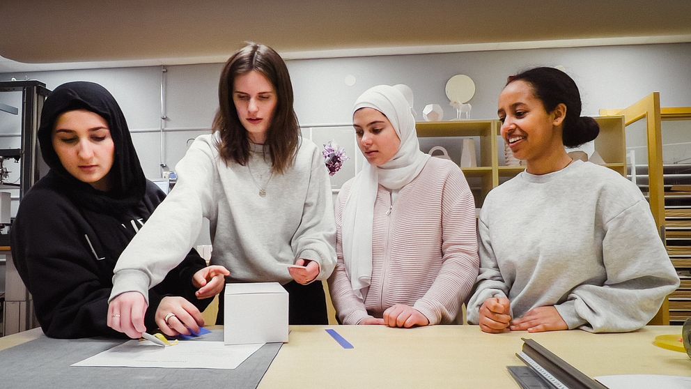 I bilden syns fyra tjejer som studerar andra året på Lindeskolan, naturprogrammet. De står framför ett bord och tittar ner mot en vikt kartong.