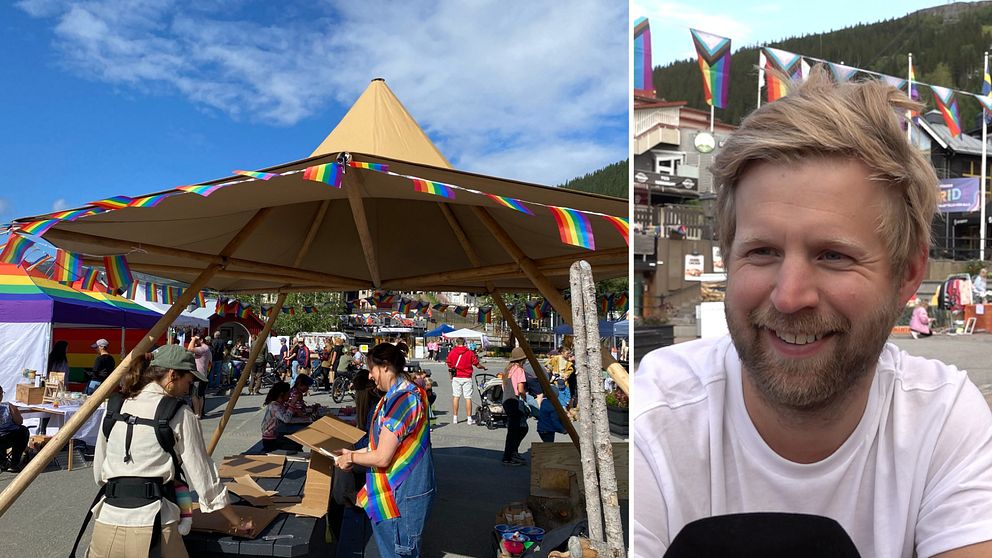 Delad bild. Till vänster: Pridefestivalen, Åre torg som under festivalen kallas regnbågstorget. Mycket prideflaggor och tält med utställare. Till höger: Besökaren Johannes Jakobsson i vit t-shirt.