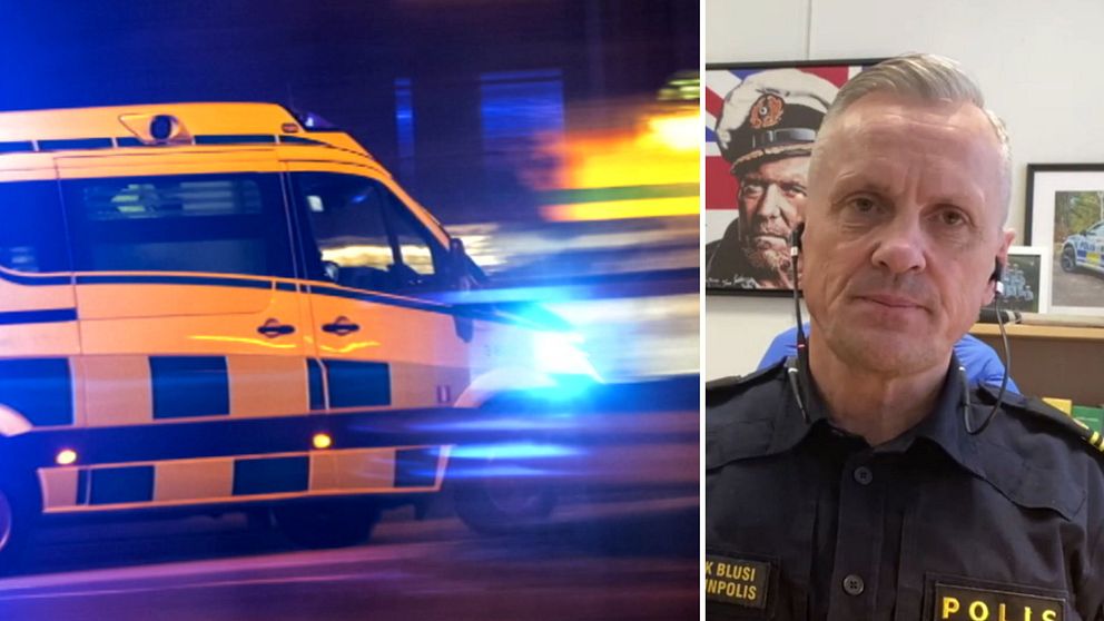 Till vänster: ambulans, till höger: Henrik Blusi, kommunpolis i Sundsvall